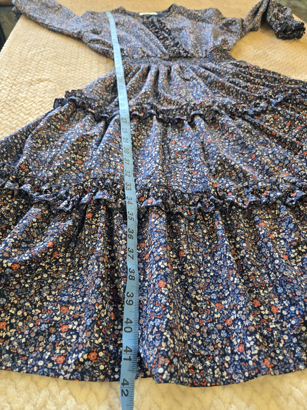 Adina Las Vegas Blue Floral Cottagecore Prairie Smocked Ruffle Midi Dress L - Picture 11 of 15
